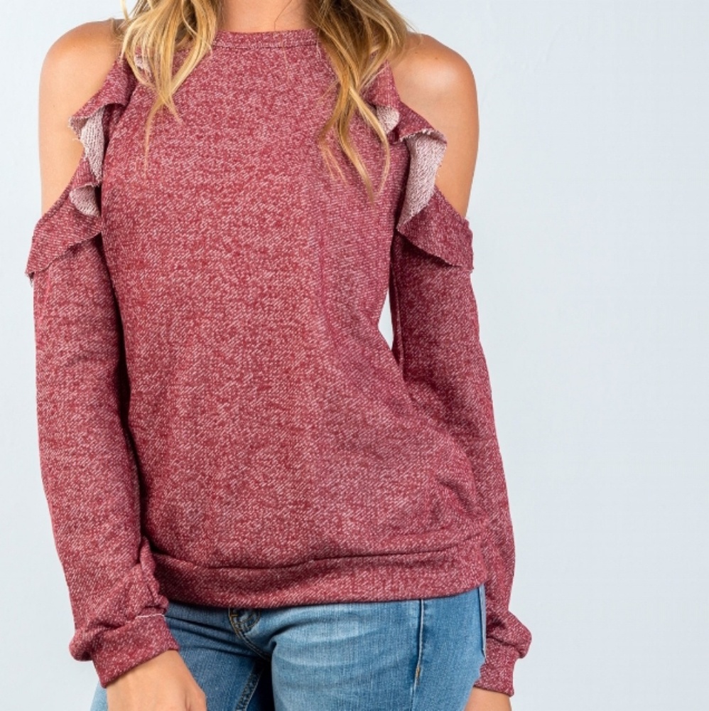 Last 1!💖Burgundy Ruffle Cold Shoulder Top - Picture 2 of 3